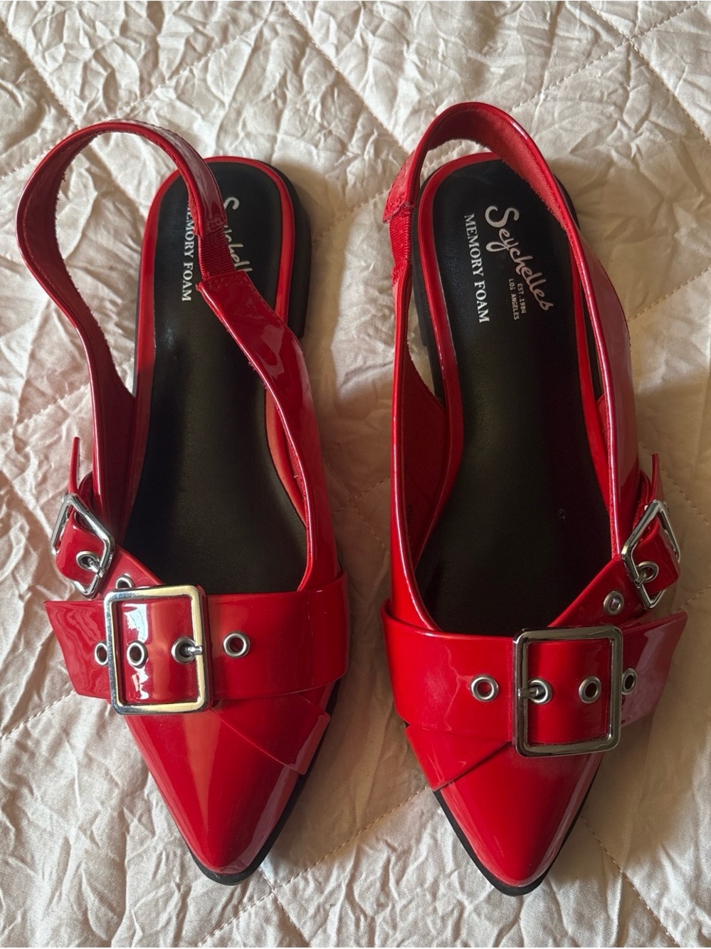 Seychelles Red Patent Pointed-Toe Slingback Flats with Buckle